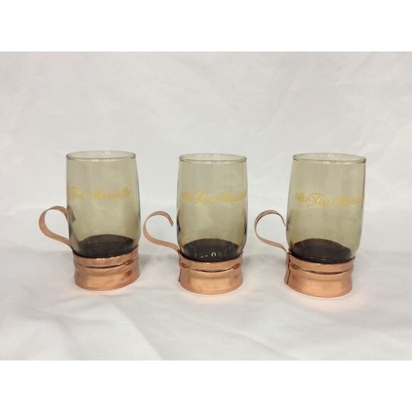 3 Vintage Folgers 1970s Tia Maria Smoked Liqueur Glasses w/ Copper Handles - Picture 1 of 7